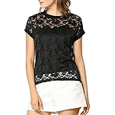 Allegra K Women's Lace Floral Short Sleeve T-Shirt Crew Neck Casual Semi Sheer Tops