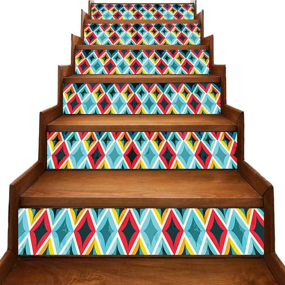 JiuYIBB Geometric Vinyl Staircase Stickers Grunge Colorful Mosaic Diagonal Artsy Squares Frame with Crystal Effects Image Moisture Resistance Multicolor W 39" x H 7" x 6pcs.