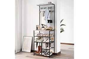 GiftGo Vintage Large 5-Tier Hall Tree with Console Table Entryway Coat Rack Floor Standing Shoes Rack Storage Shelf Organizer for Home Office Bedroom (Greige)