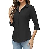 HOTOUCH Women Button Down Shirts 3/4 Sleeve Basic Business Dress Shirt Slim Fitted Classic V Neck Button Up Work Blouse Tops