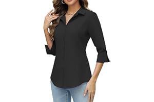 HOTOUCH Womens 3/4 Sleeve Button Down Shirt Slim Fit Work Blouses Cotton Dress Shirts Office Tops