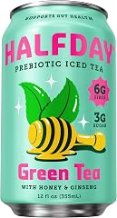 Halfday Prebiotic Iced Tea, Green Tea with Honey & Ginseng, 12 Fl Oz | 6g of Fiber for Gut Health, 3g of Sugar, 30 Calories, 