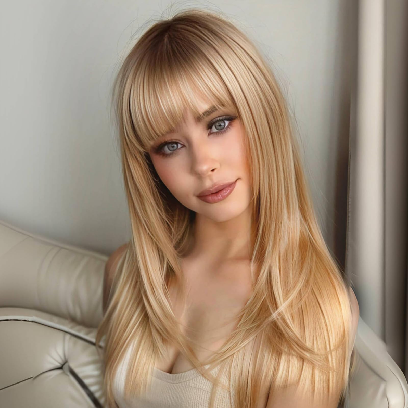 WOKESTAR Long Straight Wigs for Women with Fringe, Layered Synthetic Light Blonde Color Wigs for Women — image 1
