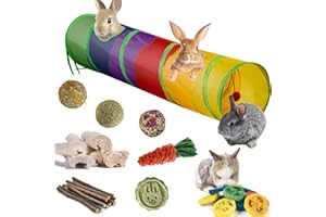 Mechpia Rabbit Toys, Large Bunny Hideout Tunnel and Tube with Chew Toys for Grinding Teeth Apple Sticks Bamboo Carrot Loofah and Grass Ball for Rabbit Guinea Pig Chinchilla Ferret Rat