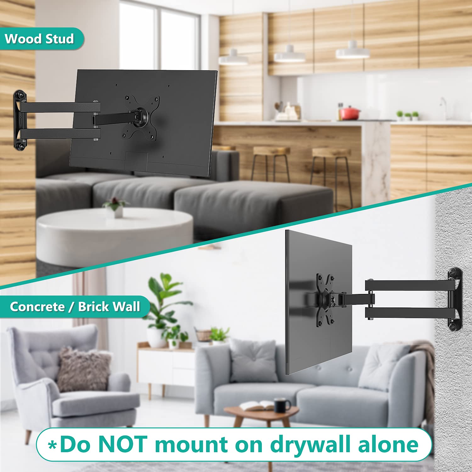 WALI TV Wall Mount Articulating LCD Monitor Full Motion 15 inch Extension Arm Tilt Swivel for Most 13 to 32 inch LED TV Flat Panel Screen with Mounting Holes up to 100x100mm (1330LM), Black