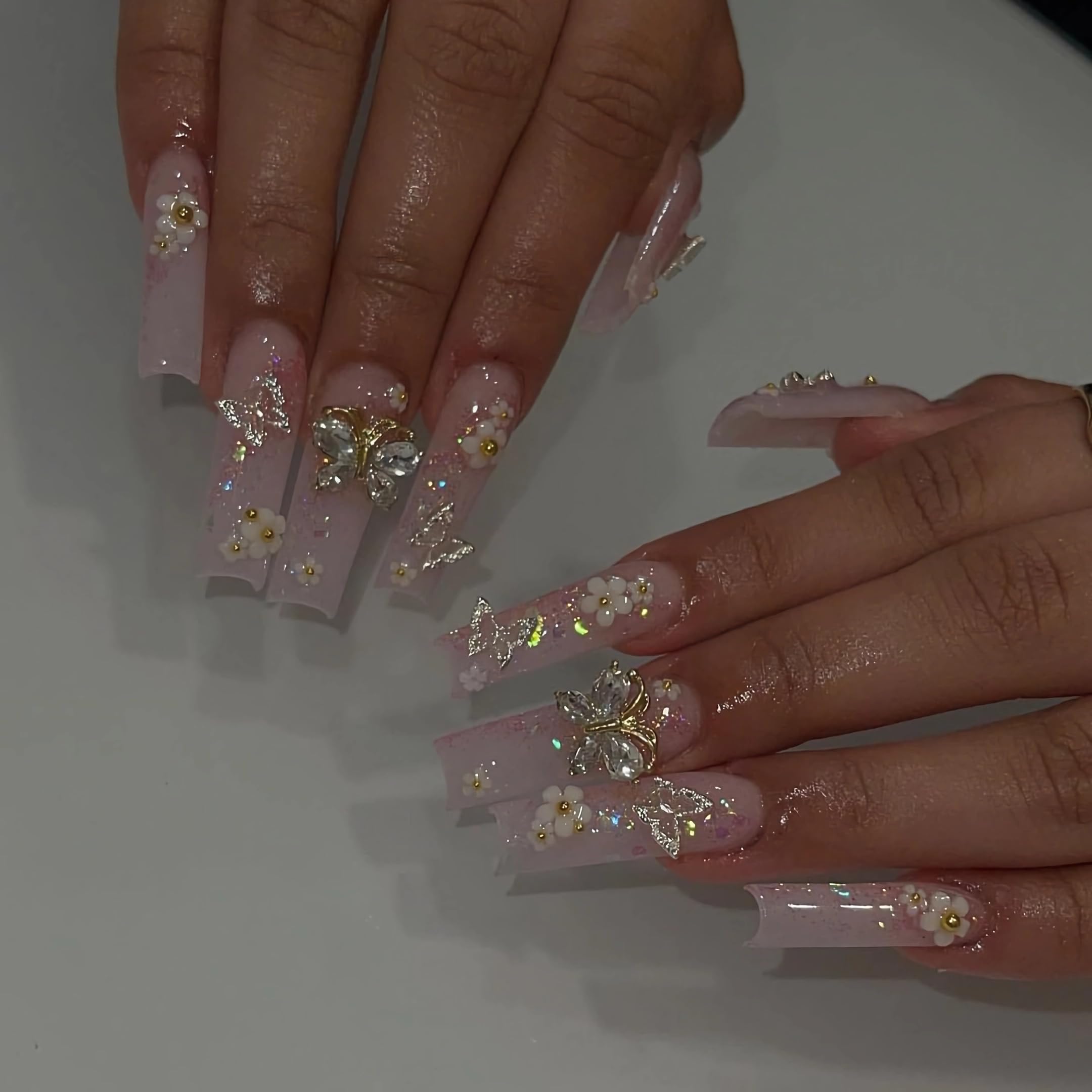 BABALAL Square Press-on Nails - Long, Pink Glue-on with 3D Butterfly Flower Charms - Acrylic Squoval Glitter Manicure - 24pcs Artificial False Nails for Women & Girls - Image 2