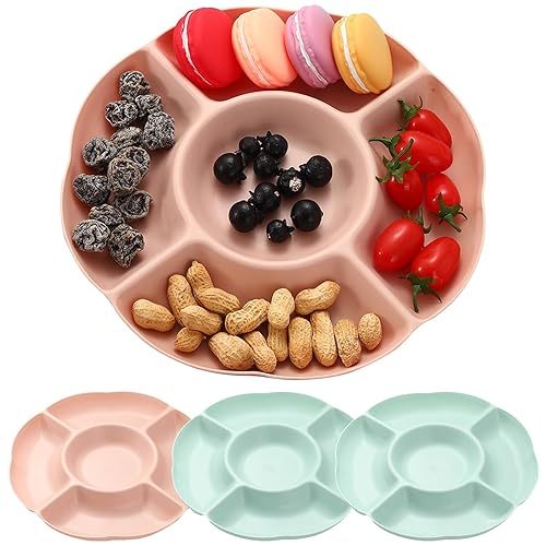 SacJkt Serving Platter, Snack Tray with 5 Compartments, Pack of 4 Serving Tray, Serving Platters for Parties, Plastic Snack Plate for Fruit, Candy, Nuts, Desserts (Pink+Green)