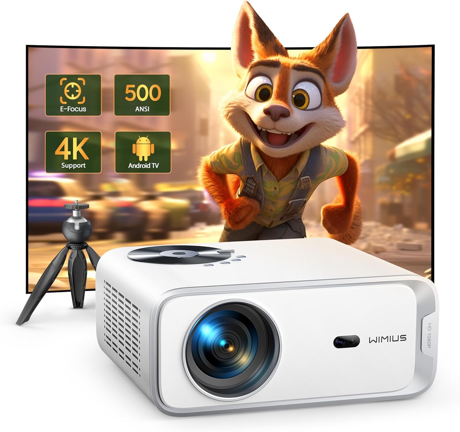 Portable Mini Projector Full HD 4K for Home Cinema, Intelligent Projector with Auto Focus, 180 Degree Rotation, WiFi Bluetooth, Integrated Android 11.0 Operating System, Compatible