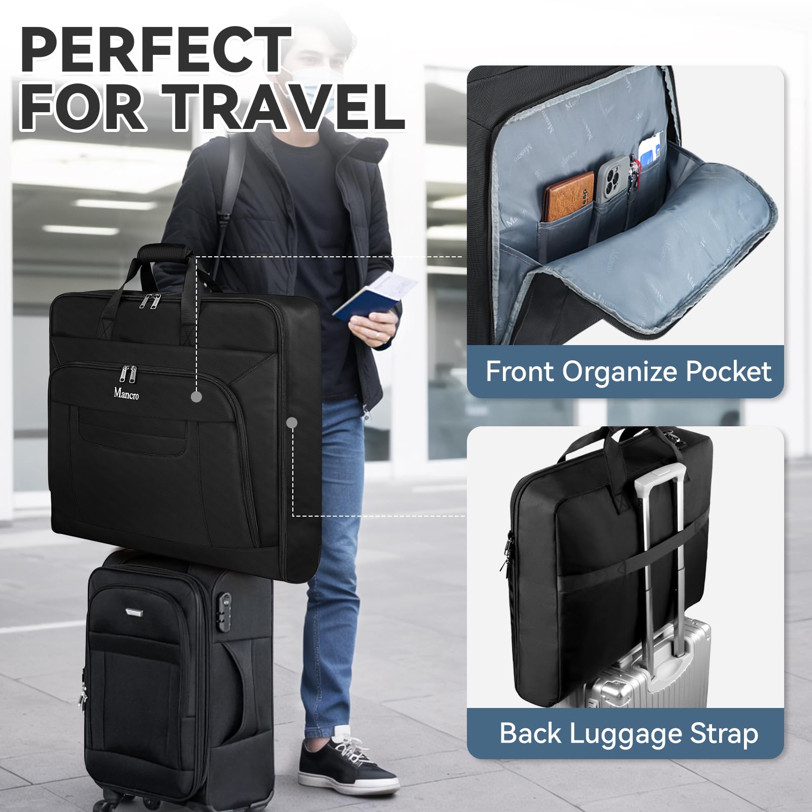 Garment Bags for Travel, Carry On Garment Bag for Business Trips with Shoulder Strap, Mancro Waterproof Foldable Luggage Hanging Suit Bags Gift for Men Women, 2 in 1 Suitcase for Coats, Suits (Black)