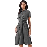 Allegra K Striped Work Dress for Women's Lapel Collared Tie Waist Offcie Button Down Short Sleeve Long Casual Dresses