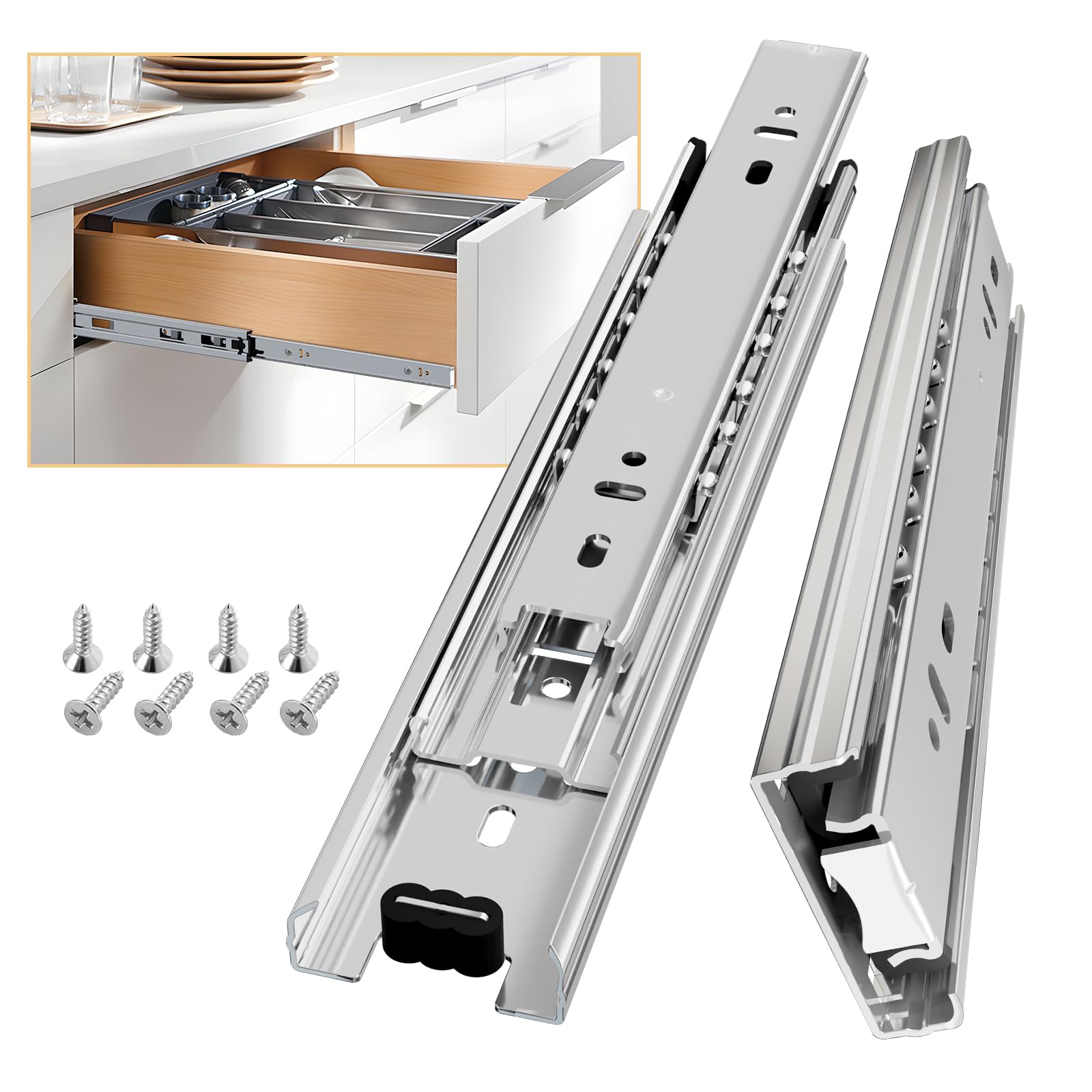 AOLISHENG Drawer Runners Drawer Slides 400mm 45kg Load Capacity Heavy Duty Draw Sliders Full Extension Ball Bearing Kitchen Cabinet Draw Runners Replacement Rails Side Mount, Silver 1 Pair