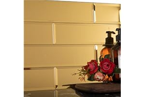Lovdeco Peel and Stick 3x12 Inch Beveled Gold Mirror Tile Subway Mirror Glass Backsplash for Kitchen Bathroom Wall (20 Pcs, 5 SQ.FT.)