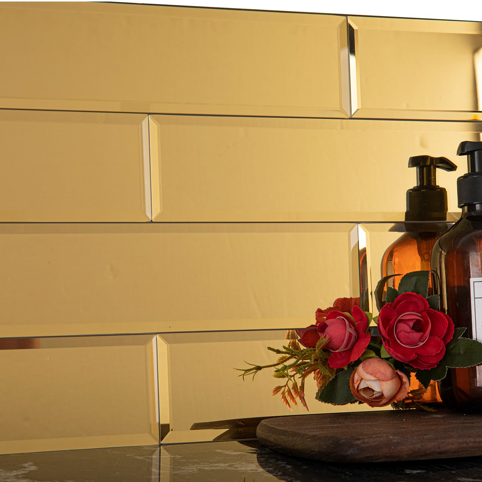 Photo 1 of Lovdeco Peel and Stick 3x12 Inch Beveled Gold Mirror Tile Subway Mirror Glass Backsplash for Kitchen Bathroom Wall (20 Pcs, 5 SQ.FT.)