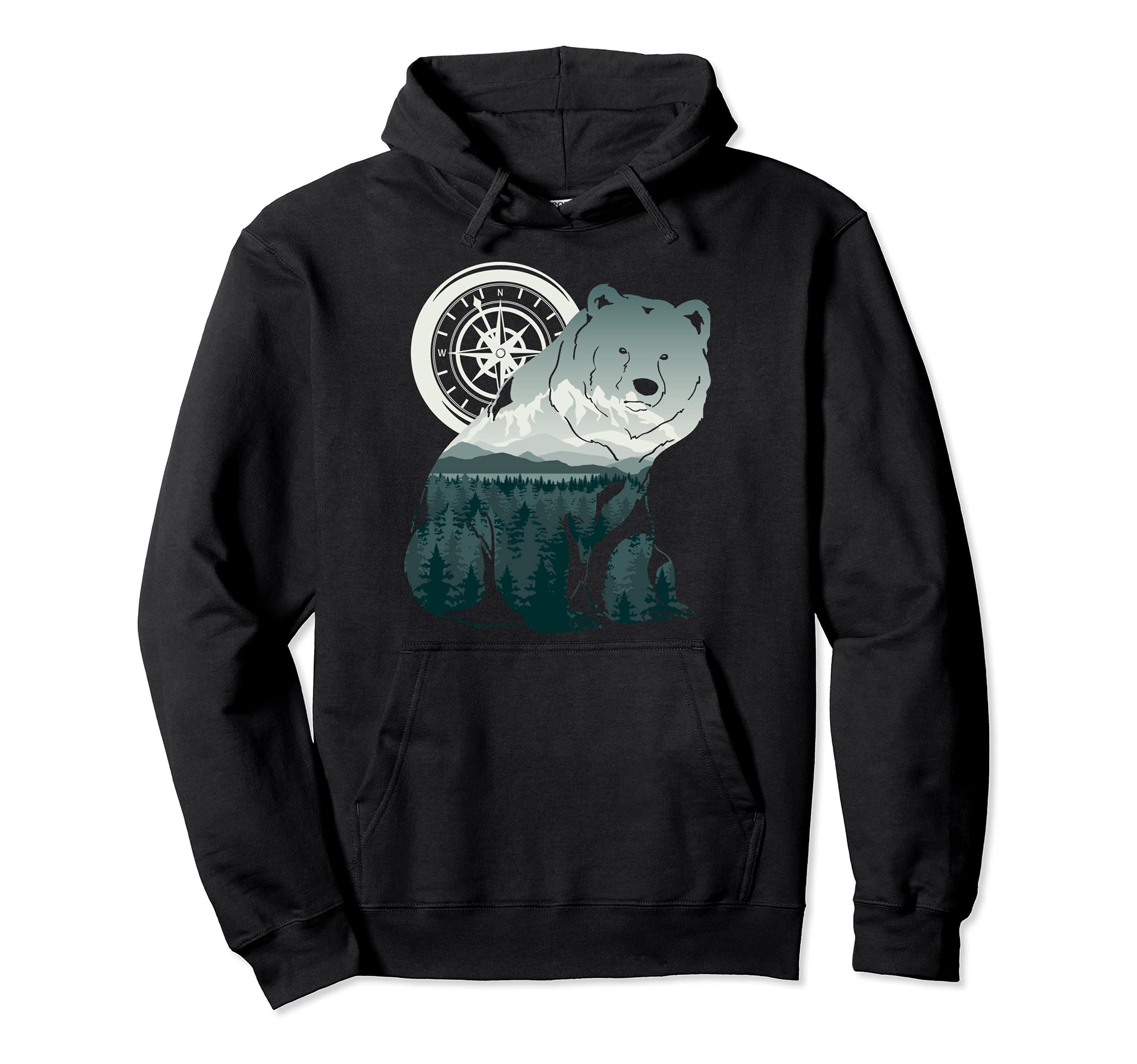 Forest Animal Nature Outdoors Mountains Compass Grizzly Bear Pullover Hoodie