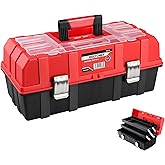MAXPOWER 16-Inch Tool Box, Three-Layer Folding Plastic Storage Toolbox, Multi-Function Organizer with Tray and Dividers, Tools Box with Stainless Steel Lock