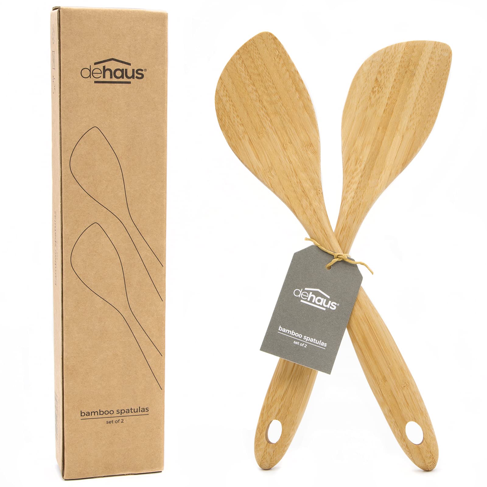 Dehaus® Premium Bamboo Spatulas - Set of 2 - Luxury Wooden Kitchen Utensils - Solid Turner Utensil Accessories - Premium Wood Cooking Tools for Non Stick Pan or Wok - Eco Friendly - Mini Starter Sets