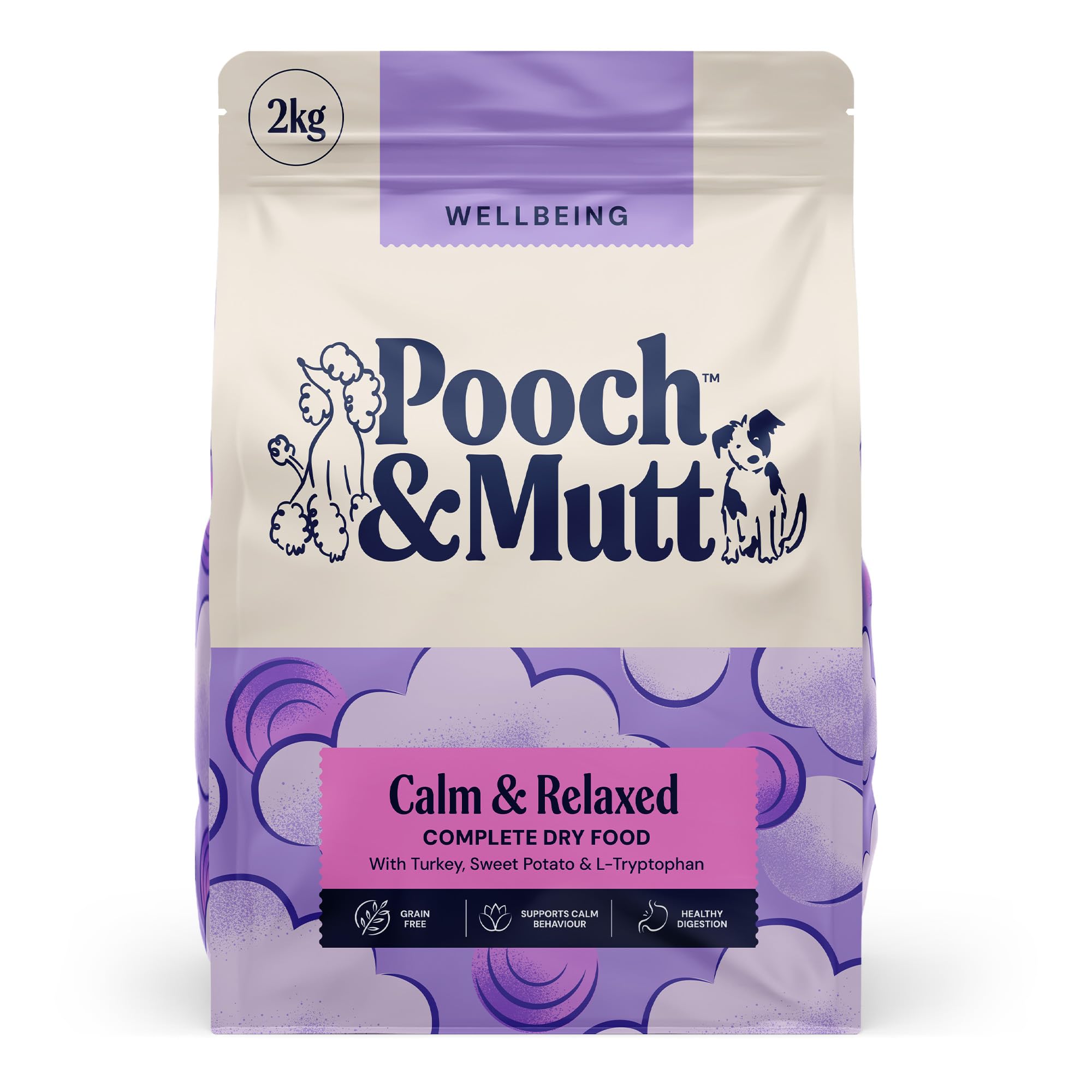Pooch & Mutt - Calm & Relaxed Complete Dry Dog Food Grain Free (Regular Sized Kibble), for Calming Hyperactive or Anxious Dogs, Turkey and Sweet Potato, 2kg (packaging may vary)