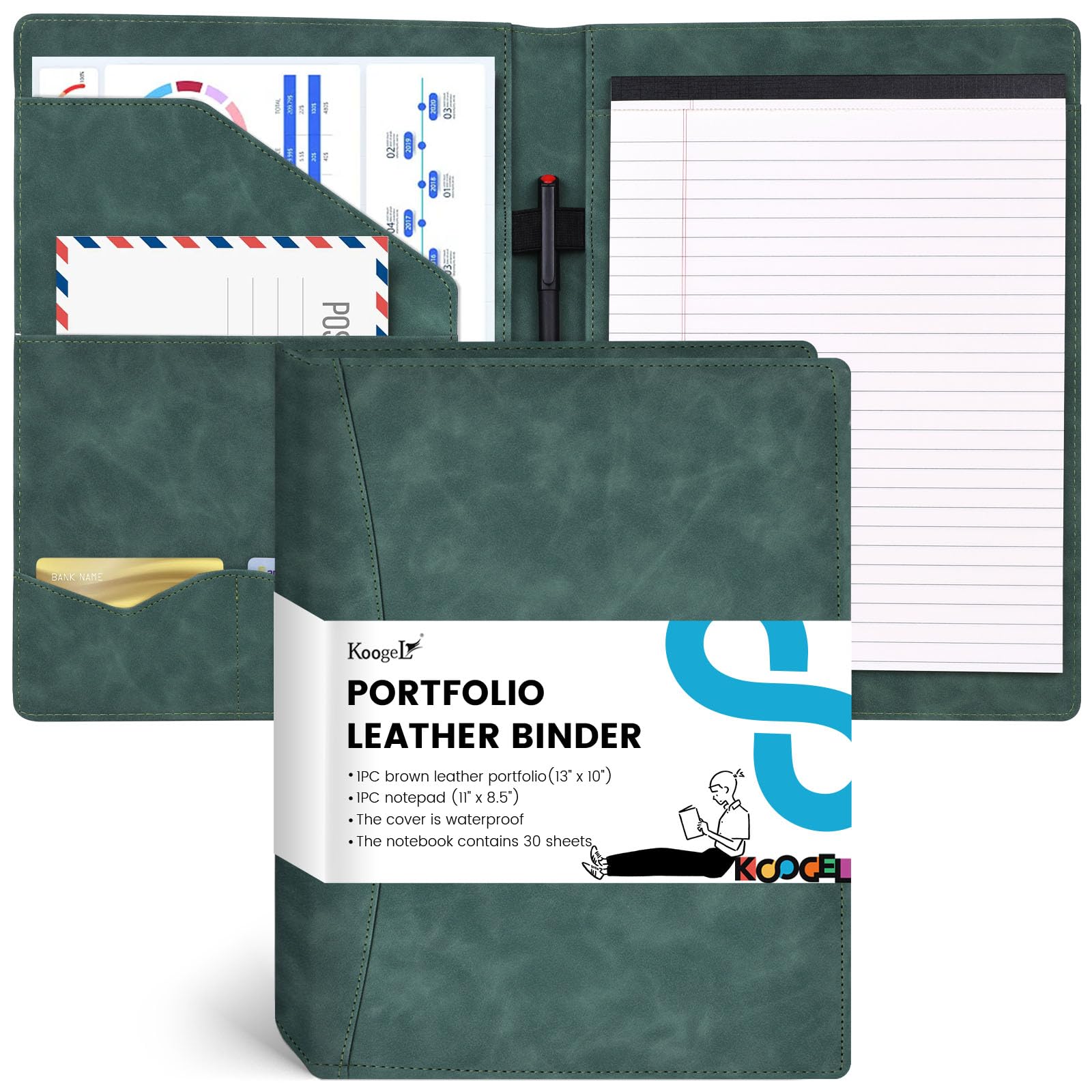 Photo 1 of Koogel Padfolio Portfolio Folder, Leather Clipboard Portfolio Binder 13x10 inch Legal Writing Pad for Document Organizer Business Notepad Clip Boards for Office School Conference Meeting, Dark Green