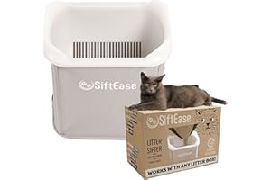 SIFTEASE MAKE LIGHT OF CLEANING THE LITTER BOX Cat Litter Sifter - SiftEase Litter Box Sifting, Fast Scoop Free Cleaning, Large Sift with Bin for Longer Lasting Litter, Easy Clean Sifting Litter Box Cleaner (Light Grey)