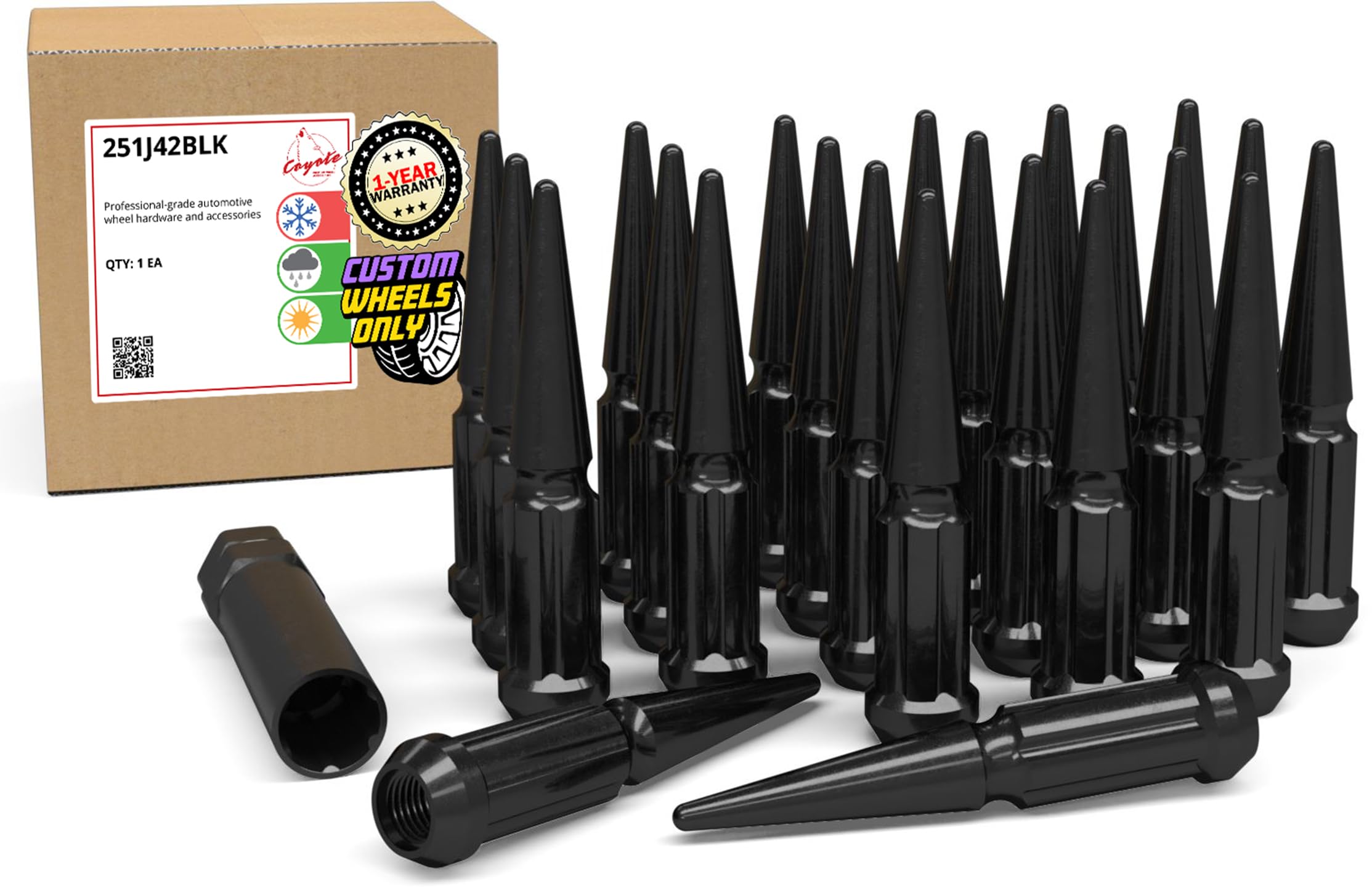 Wheel Accessories Parts 23 Pcs 1/2"-20 Thread Spike Spline 4.40" Long Lug Nuts Black Chrome Truck Spline Hex Fits Jeep Cherokee CJ Grand Cherokee Wrangler Image