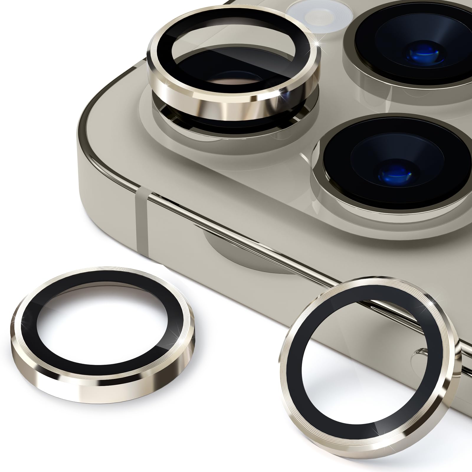 imluckies Camera Lens Protector for iPhone 15 Pro/iPhone 15 Pro Max, 9H Tempered Glass & Anti-Scratch Metal Individual Ring Lens Cover, HD Clear Camera Accessories, Easy to Install - Natural Titanium