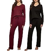 Real Essentials 2 Pack Women's Soft Cotton Long Sleeve Pajama Set with Pants - Lounge Sets for Women (Available In Plus)