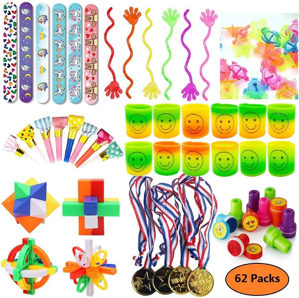 Ronshion 62 Pcs Party Favors for Kids Puzzle,Spinner,Stamp,Gold Medals,Slap Bracelets Assortment Bundle Toys for Carnival Prizes Birthday Party Fillers Pinata Filler