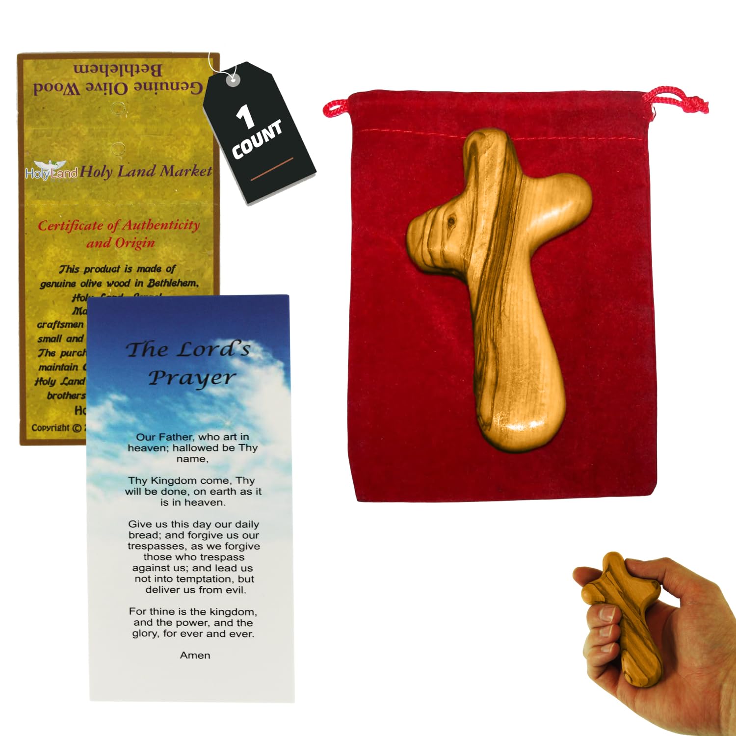Holy Land Market Hand Held Bethlehem Olive Wood Handmade by Christians Cross With a Velvet Bag And a Prayer Card and A Certificate of Authenticity (4 Inches) (1 Count)