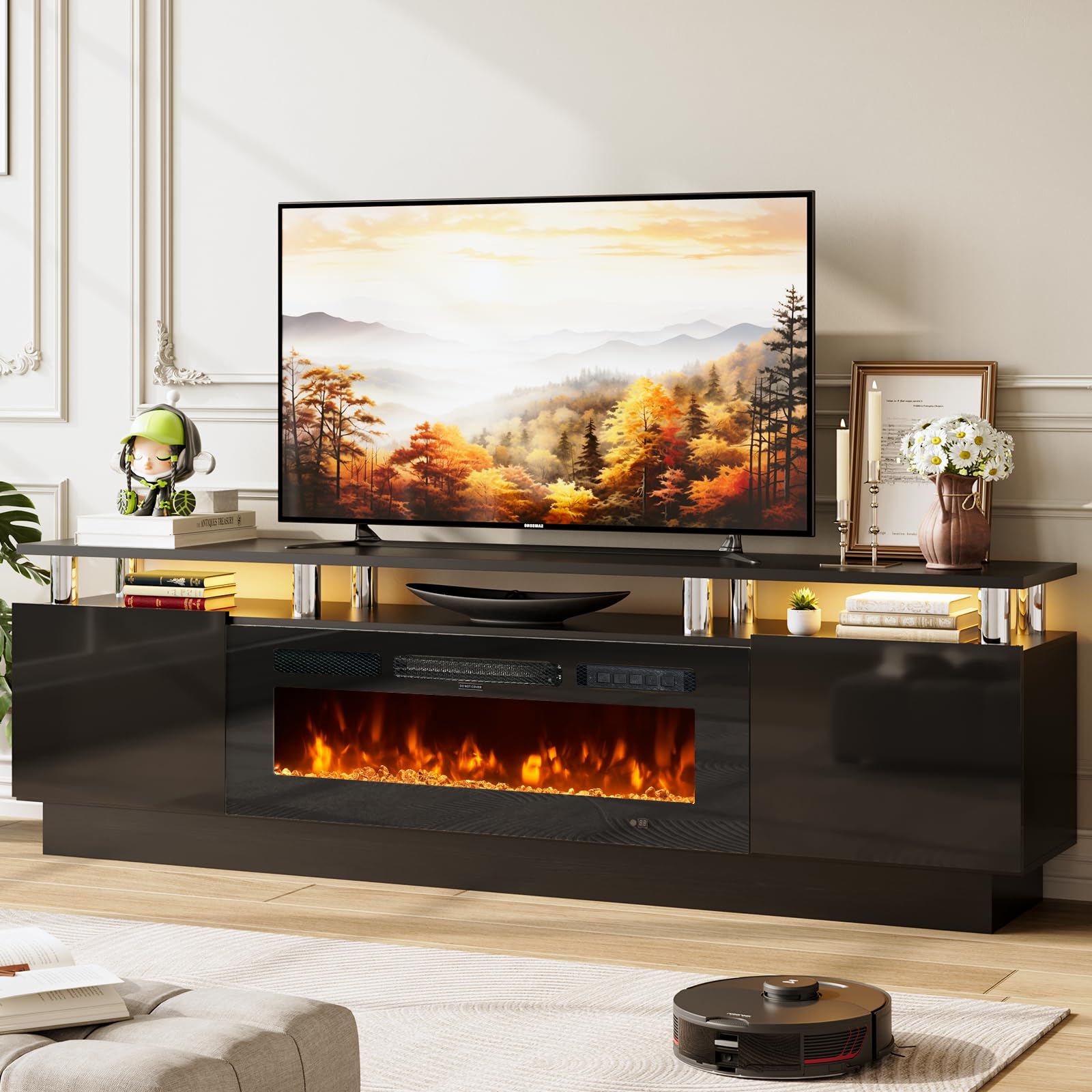 Photo 1 of **Box 2/2**OneBlis 80" TV Stand for Living Room, Large Entertainment Center & Media Console, Fits TVs up to 90", Storage Cabinet with Shelves, 36" Electric Fireplace (All Black)