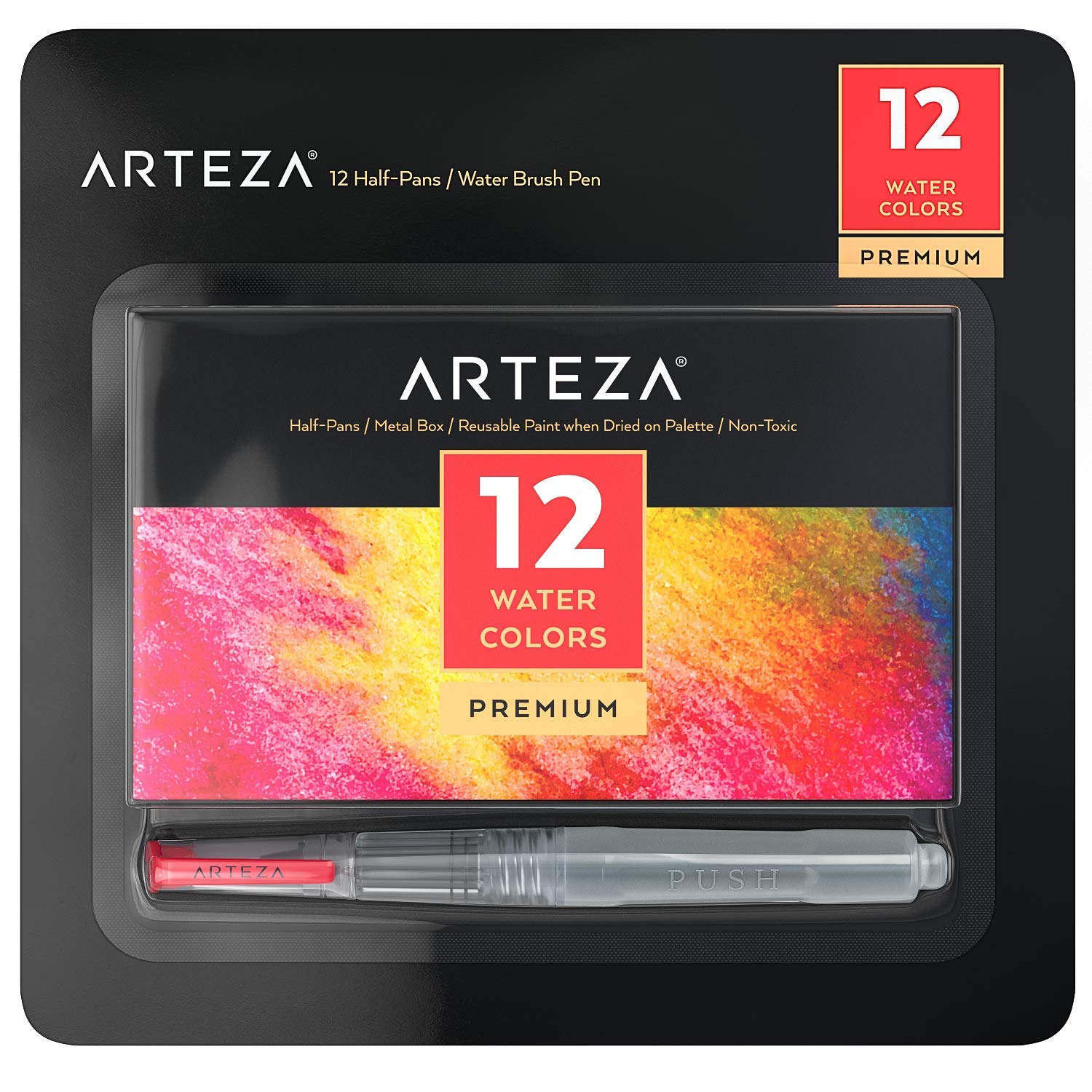 ARTEZA Watercolor Paint, Set of 36 Assorted Vibrant Colors in Half Pans