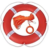 Life Ring Buoy Boat Safety Life Preserver Ring Throwable Flotation Device | with 98.4FT Floating Lifesaving Rope HDPE Shell Reflective Tape for Boat Dock Pool Lake Marine Emergency Rescue，23/28inch Red