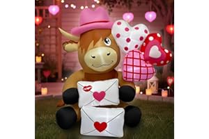 BBIOC 5FT Valentines Day Inflatables Highland Cow with Hearts and Love Letters, Romantic Blow Up Decorations, LED Lighted Outdoor Valentine Decor for Anniversary, Wedding, Party, Indoor Yard