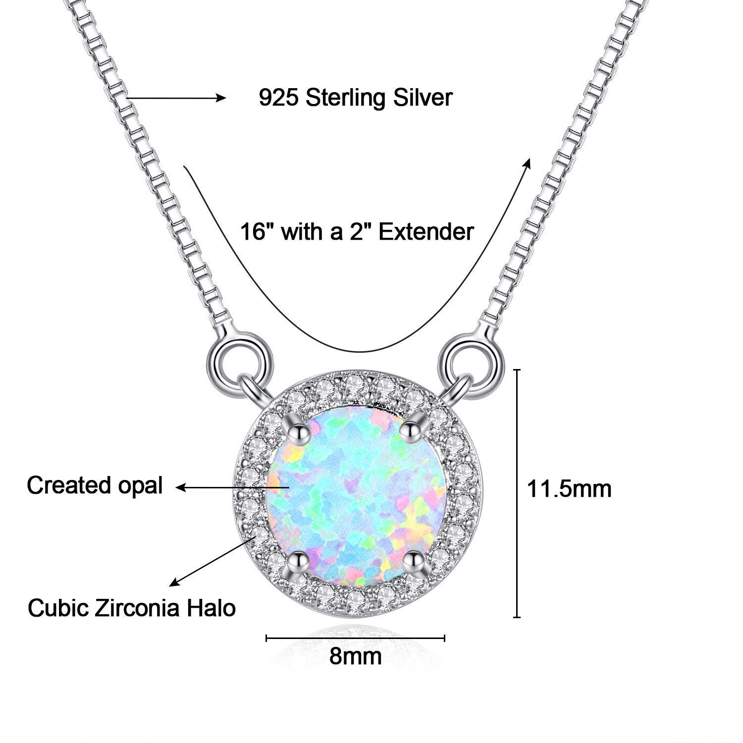 Sterling Silver Round Cubic Zirconia Inlaid Opal Pendant Necklace for Women 16\