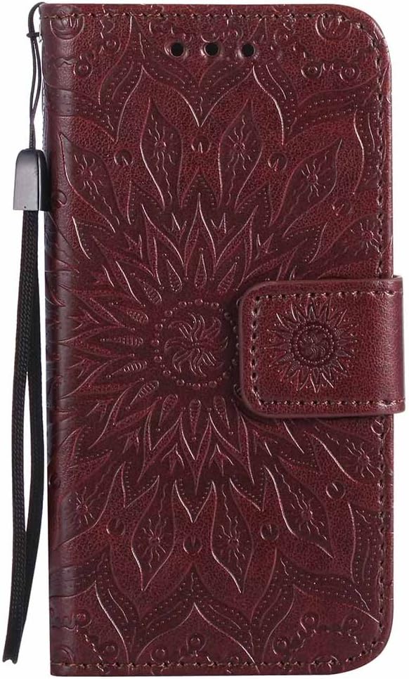 iPhone SE / iPhone 5S / iPhone 5 Case, Dfly Premium Soft PU Leather Embossed Mandala Design Kickstand Card Holder Slot Slim Flip Protective Wallet Cover for iPhone SE / 5S / 5 , Brown