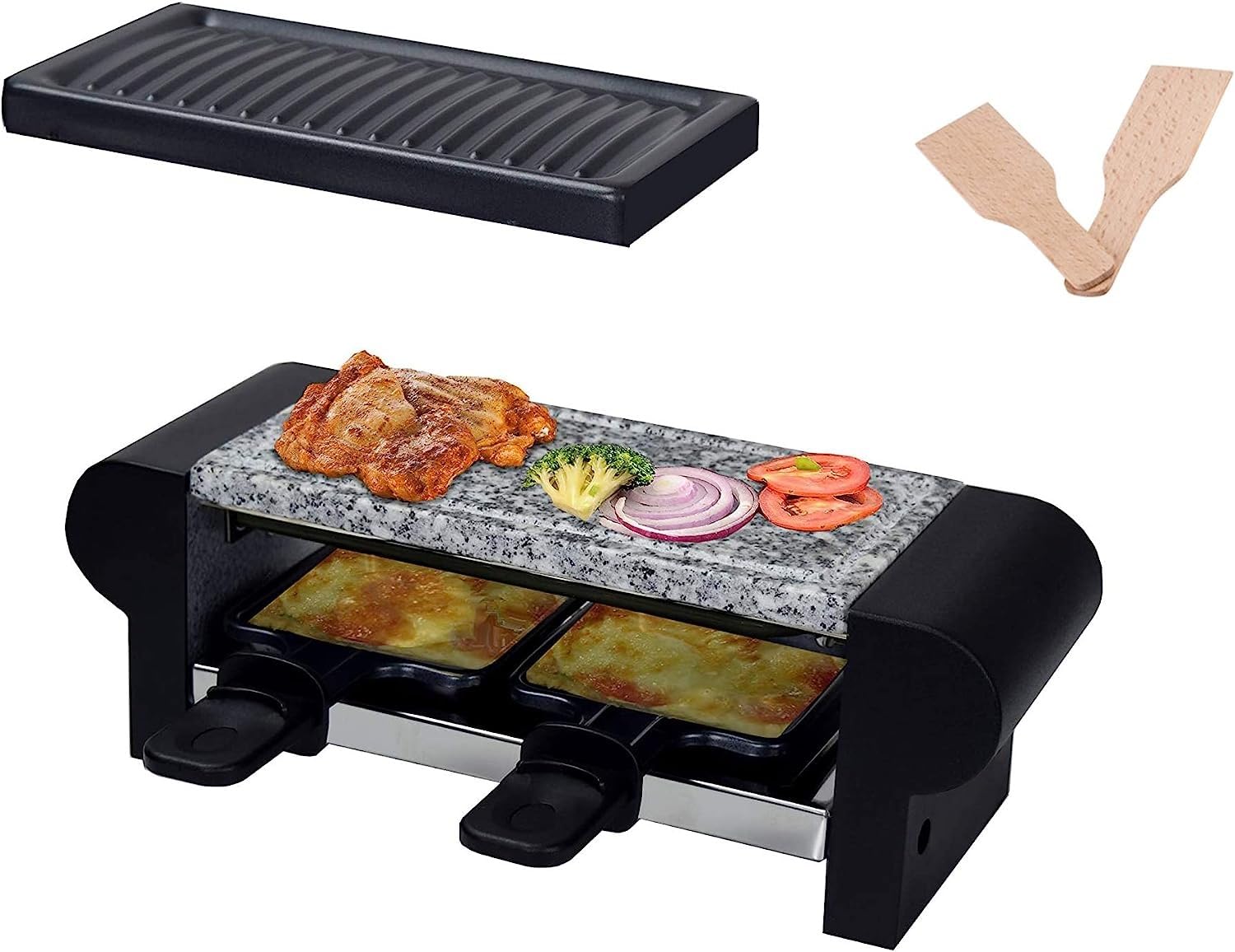 Hasayaki Barbecue À Raclette Électrique 350 W Pour 2 Personnes Avec Plaque De Pierre, Plaque De Cuisson Antiadhésive, 2 Moules À Fromage, 2 Spatules En Bois De Hêtre Bc-1002_Eu_Vc