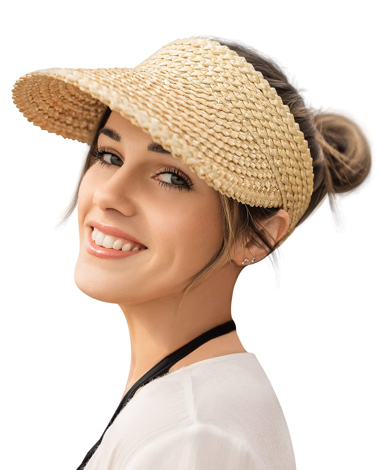 Photo 1 of Visors for Women, Straw Sun Visors for Women Beach Hats for Women Packable Sun Hat Womens Visor Handmade Straw Hats for Women Beige