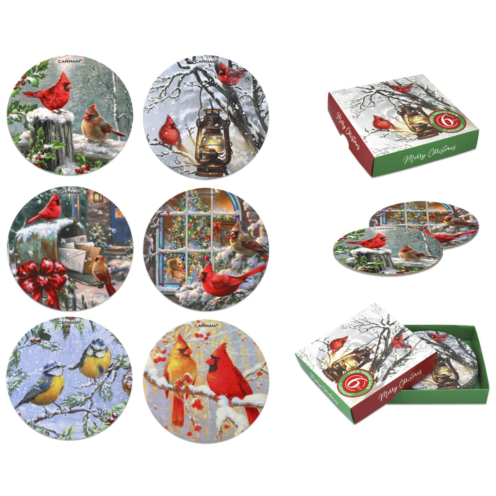 CARMANI - Circular Cork Pad Set of 6 Pieces Cork mat/Coaster Decorated with Christmas Theme Winter Birds