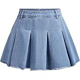 BEAUDRM Girl's Y2K Solid High Waist Raw Hem Pleated Skirt Casual Regular Fit Mini Denim Skirt
