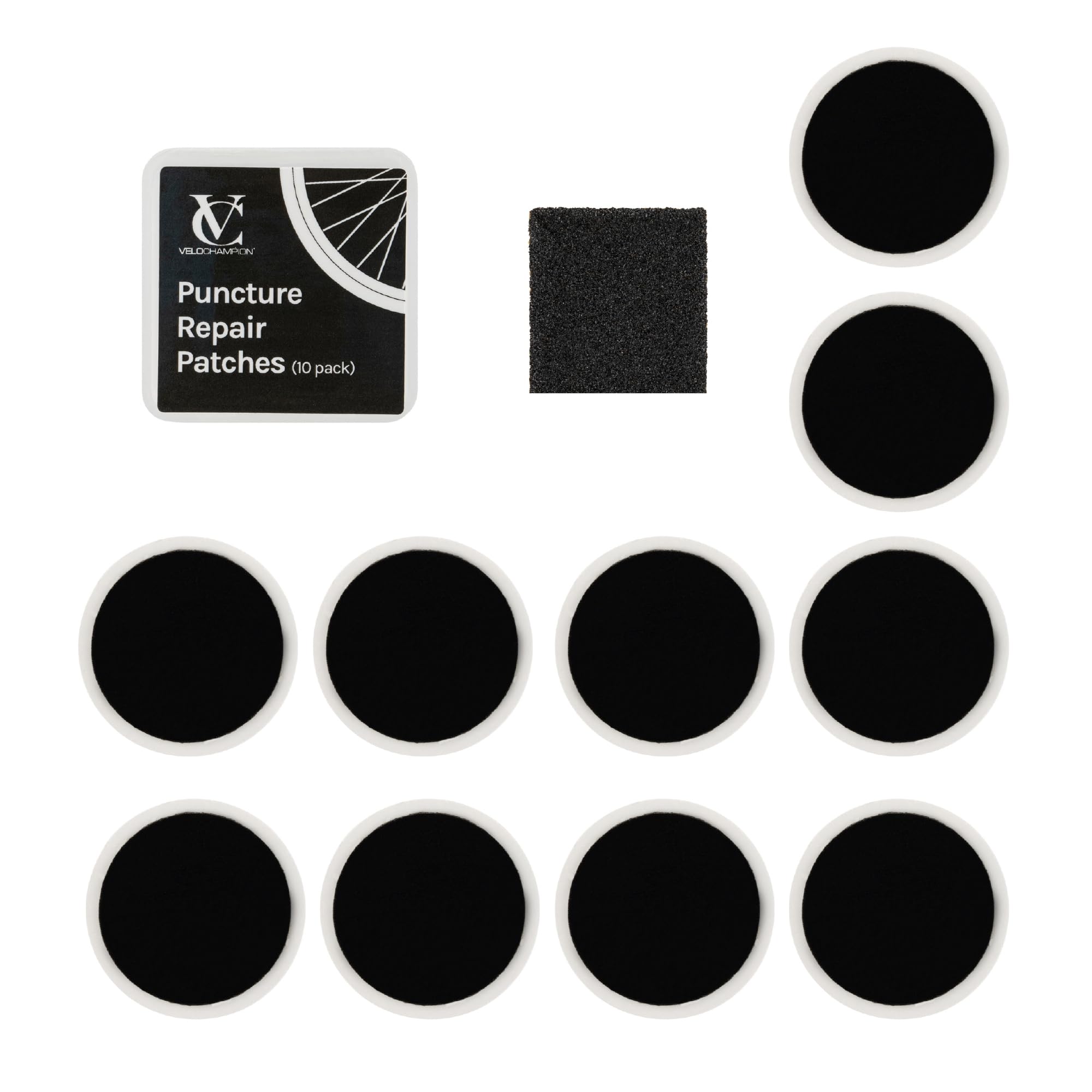 VeloChampion Bike Puncture Repair Kit | Self-Adhesive Bicycle Tire Inner Tube Patches for Road Bikes, MTB, BMX and E-Bikes | Travel-Size Tire Repair Kit | Packs of 6, 10, or 40 + Levers
