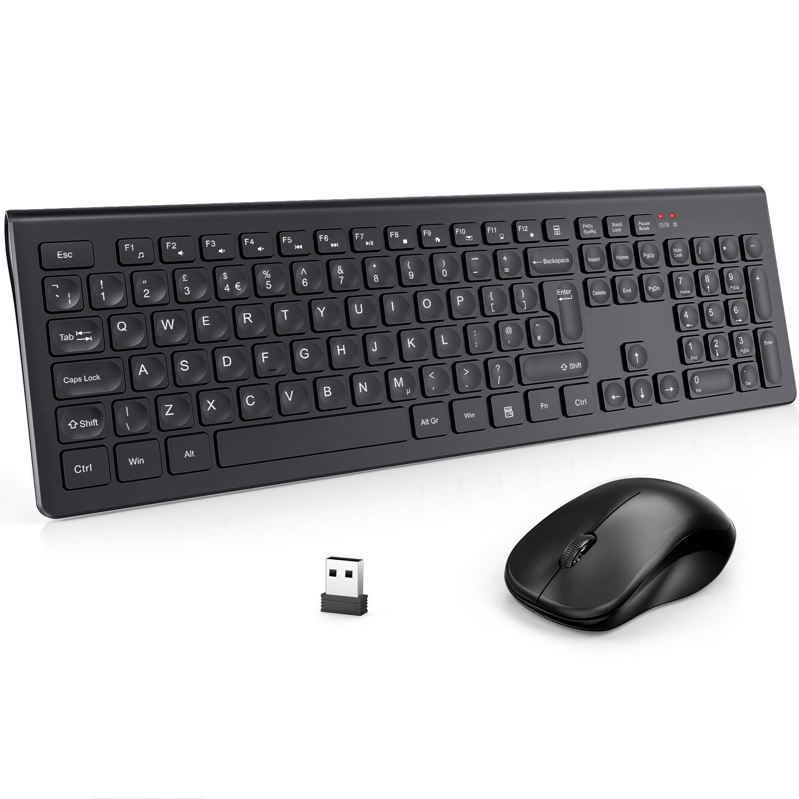 Wireless Keyboard and Mouse Set, WisFox 2.4GHz Full Size Ergonomic Keyboard UK Layout, USB Keyboard Silent Mouse Computer Keyboard for Laptop, Desktop, PC, Windows 10/8/7