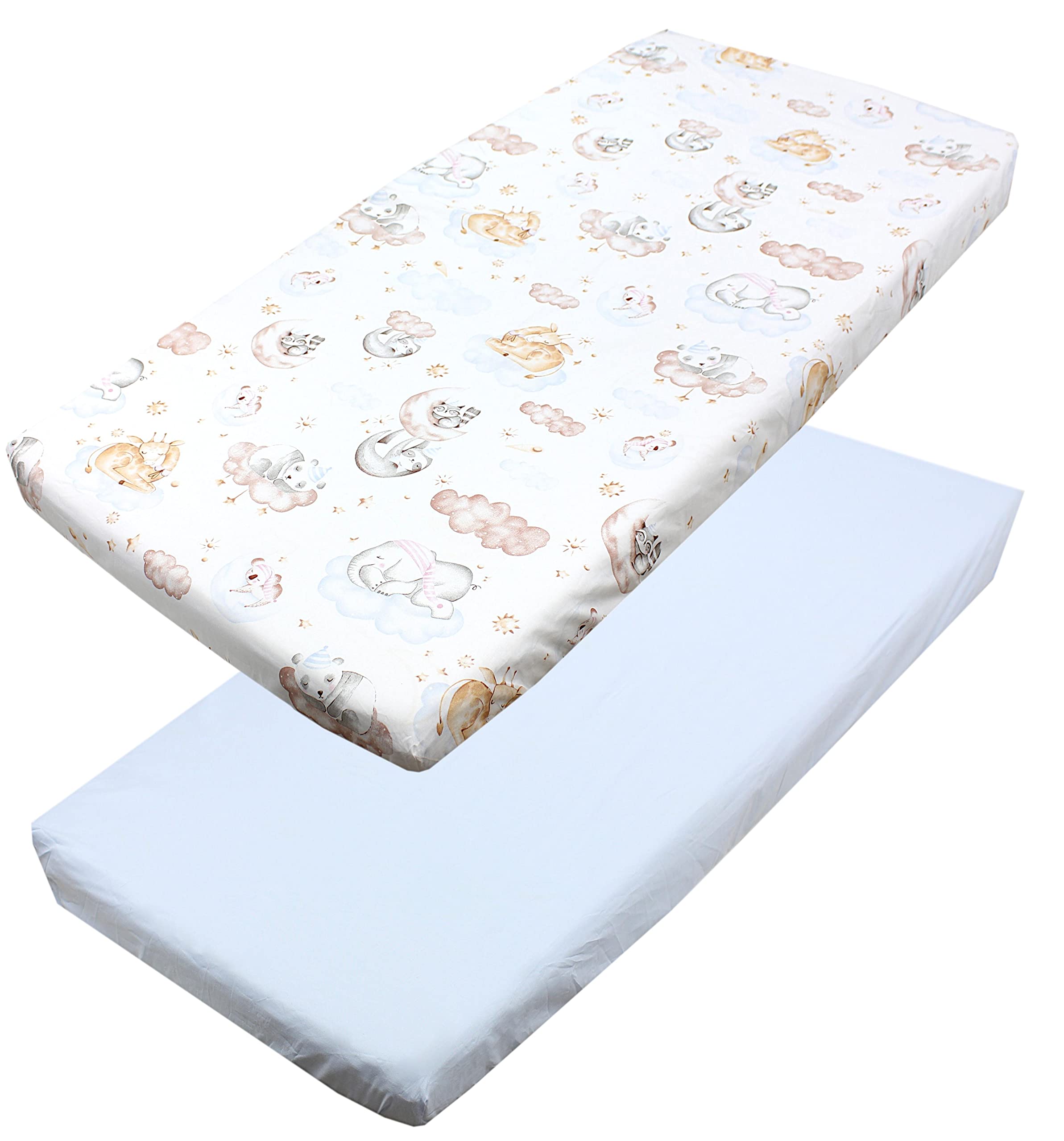 TupTam baby fitted sheet children fitted sheet for baby bed cot pack of 2, Animals on Clouds/Blue, 70 x 140 cm