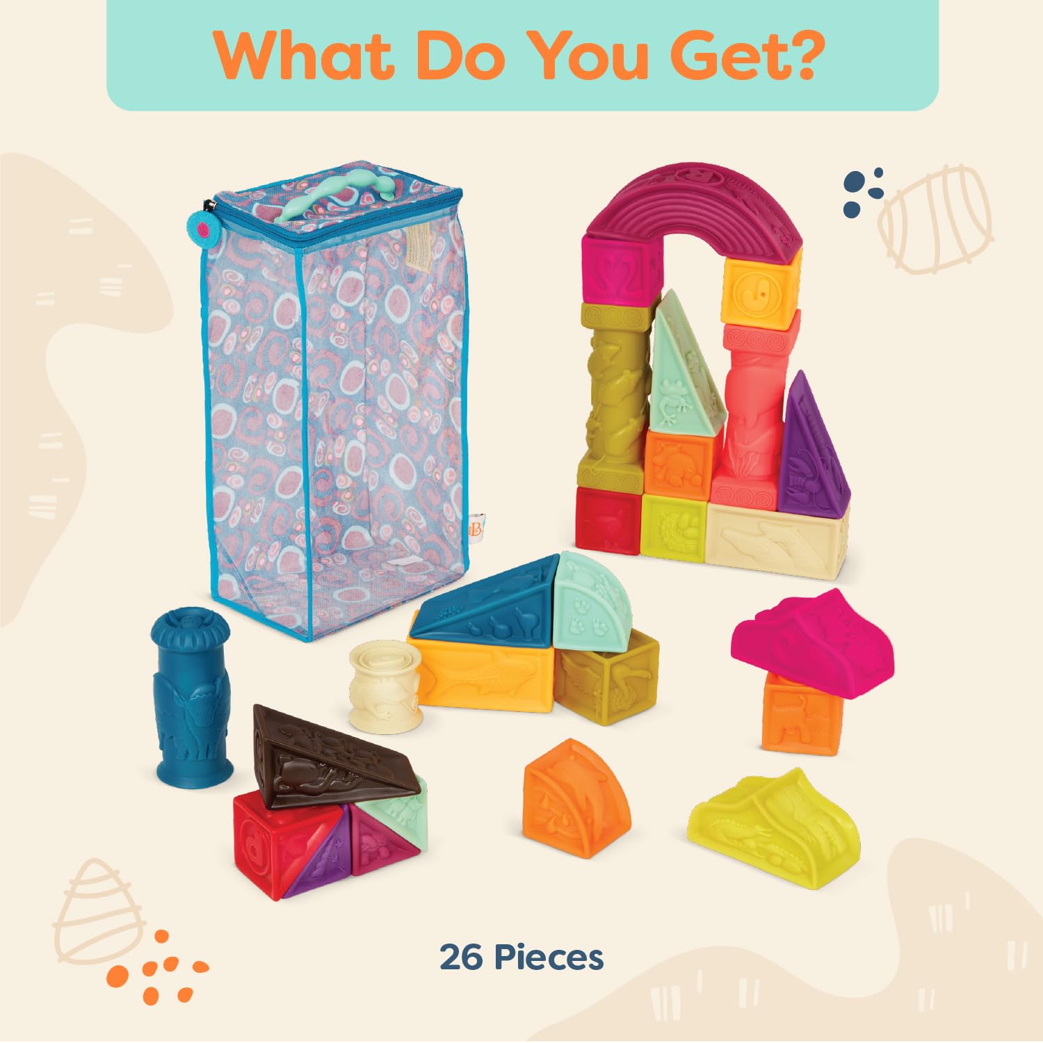 B. toys – Elemenosqueeze – Baby Blocks – 26 Soft Sort & Stack Blocks With Alphabet – Architectural Building Blocks – Shapes, Letters & Animals – 6+ Months