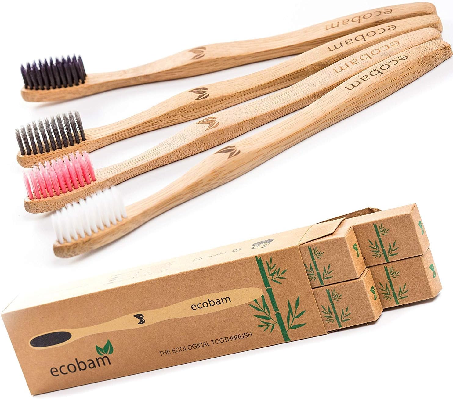 Ecobam Bamboo Charcoal Toothbrush Eco Friendly Tooth Brushes Natural Biodegradable Vegan Organic Toothbrushes With Wooden Handle For Family and Kids