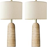 BOBOMOMO 27.25" Modern Table Lamp Set of 2, Warm Beige Resin Lamp with Natural Stone Look, Lamps for Living Room with Linen S