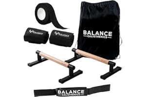 BALANCE CALISTHENICS Pro Metal Wooden Parallettes Push Up Bars Bundle With Bag, Grip Tape, Wristwraps, Paralettes, Strap | Dip Bar Handles 2pcs Paralette Handstand Non-Slip Base Exercise Handle For Floor Home Workout Equipment Parallel Handstand Dips Ergonomical Perfect Pushup (Pro (10inch))