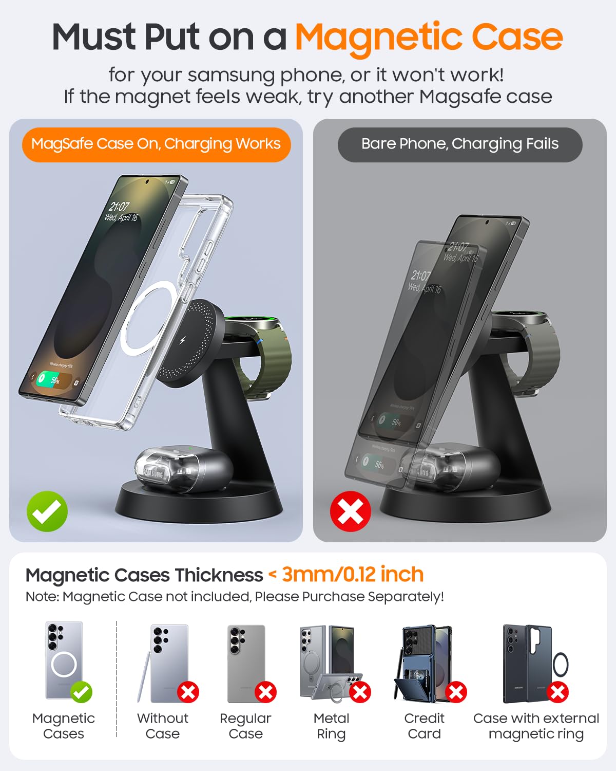 Magnetic Wireless Charger for Samsung, 3 in 1 Charging Station Compatible with MagSafe Samsung Charger for Galaxy S25 Ultra S24 Z Fold7/Flip7, Watch Charger Stand for Galaxy Watch Ultra 8 7, for Buds