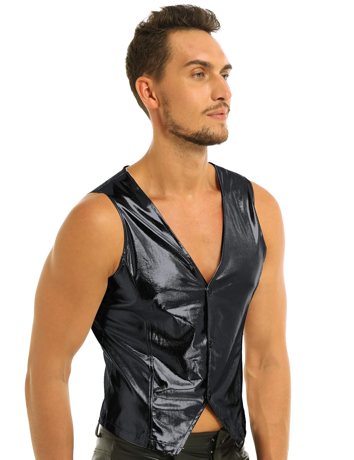 Iefiel Mens Wet Look Patent Leather Vest Top Party Costume