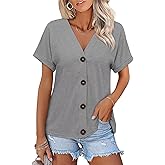 ORANDESIGNE Women's Short Sleeve V Neck Tops Casual Button Down Summer T Shirts Basic Ladies Tees