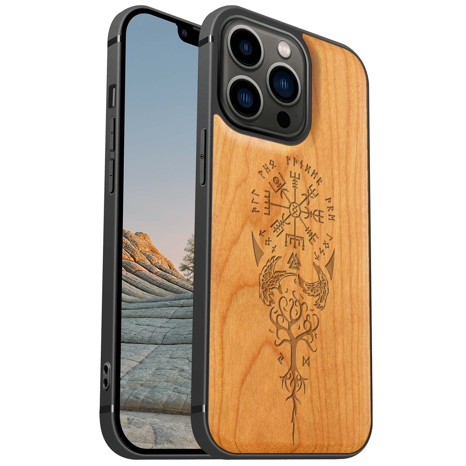 Carveit Magnetic Wood Case for iPhone 13 Pro - Hard Real Wood & Soft TPU Hybrid Shockproof Protective Cover - Unique & Classy Cherry Wooden Case Compatible with MagSafe (Viking Compass Vegvisir)