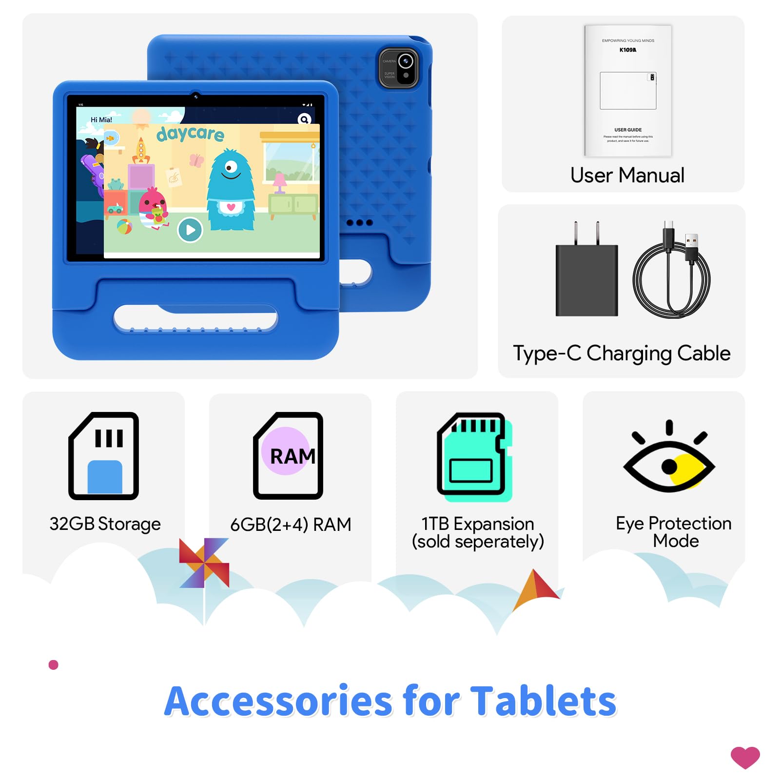 Kids Tablet, 10 inch Tablet for Kids with EVA Shockproof Case, 2+32GB(SD Expandable up to 512GB), Pre-Installed Google Kids Space, Parental Control, YouTube Kids, Gift for Child - Blue